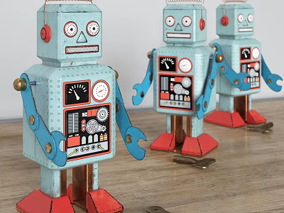 Vintage Robot Decorative Figurine Set With Blue Red Accents On Wooden Tabletop 3d model