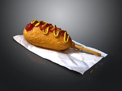 Crispy Corn Dog With Ketchup Mustard Topping On Wooden Stick Served On White Napkin 3d model