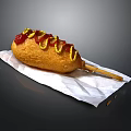 Crispy Corn Dog With Ketchup Mustard Topping On Wooden Stick Served On White Napkin