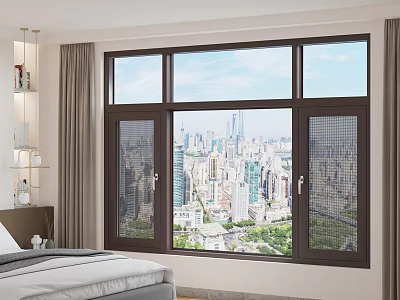 Bedroom Interior Casement Window With Dark Frame And City Skyline View Curtains 3d model