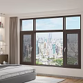 Bedroom Interior Casement Window With Dark Frame And City Skyline View Curtains