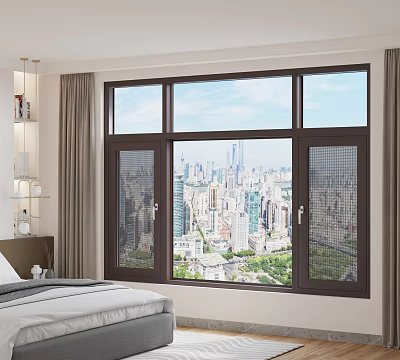 Bedroom Interior Casement Window With Dark Frame And City Skyline View Curtains 3d model
