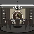 Elegant Restaurant Interior Featuring Round Dining Table Brown Chairs Circular Wall Decor And Chandelier