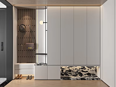 Modern Minimalist Shoe Cabinet Design With White Panels Wooden Accents And Storage Functionality 3d model