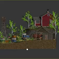 Cartoon Countryside Scene With Red House Barn Windmill Flowers And Wooden Crates