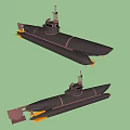 Two Military Submarines With Gray Bodies Red Stripes And Orange Propellers Periscope Structures On Top