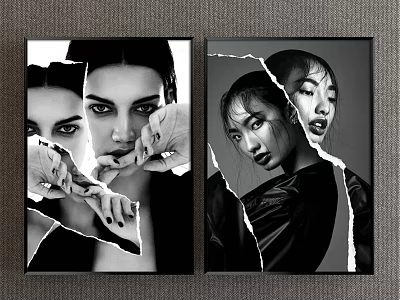 Black and White Female Portrait Art With Torn Paper Design Elements Two Framed Wall Paintings 3d model