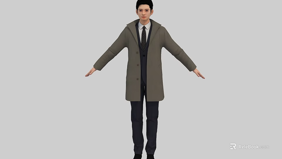 A Man Wearing Long Coat Suit And Tie With Arms Outstretched Against Gray Background 3d model