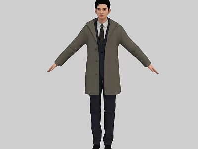 A Man Wearing Long Coat Suit And Tie With Arms Outstretched Against Gray Background 3d model