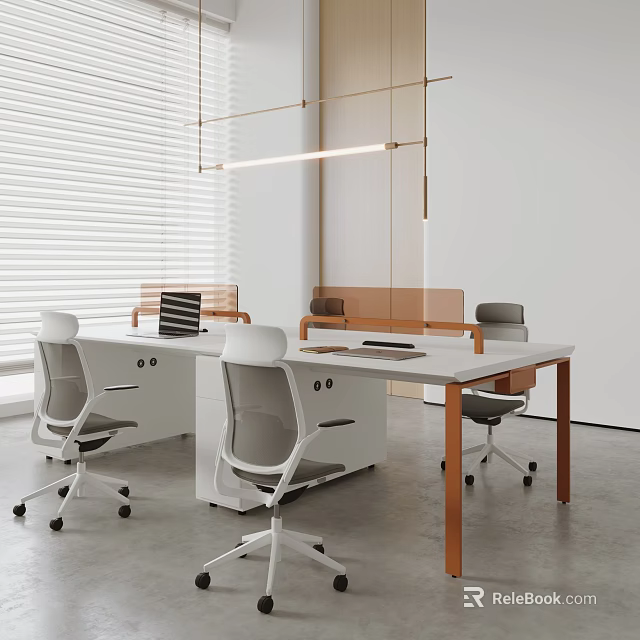 Modern Office Desk With Gray Ergonomic Chairs Laptop And Pendant Lights In Workspace 3d model 