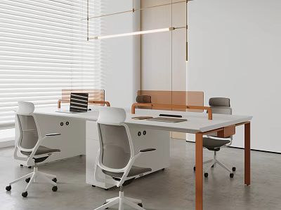 Modern Office Desk With Gray Ergonomic Chairs Laptop And Pendant Lights In Workspace 3d model