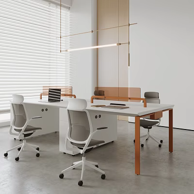 Modern Office Desk With Gray Ergonomic Chairs Laptop And Pendant Lights In Workspace 3d model