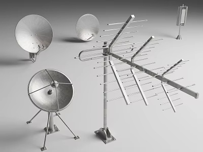 Different Types of Metal Antennas Including Satellite Dishes and TV Aerials 3d model
