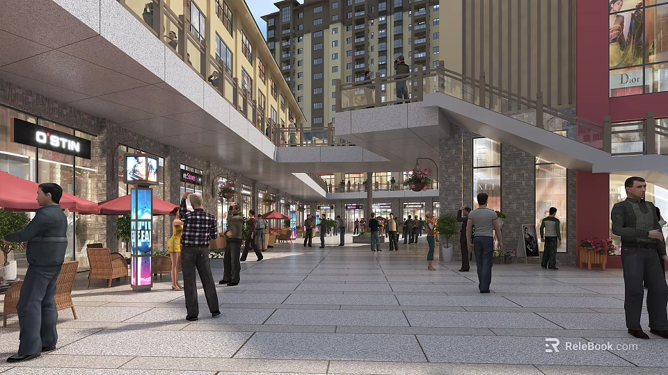 Vibrant Commercial Street With Pedestrians Shops Modern Buildings And Outdoor Seating 3d model 