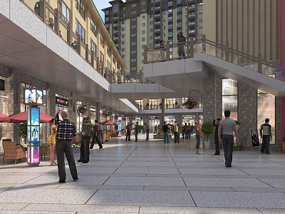 Vibrant Commercial Street With Pedestrians Shops Modern Buildings And Outdoor Seating 3d model