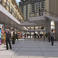 Vibrant Commercial Street With Pedestrians Shops Modern Buildings And Outdoor Seating