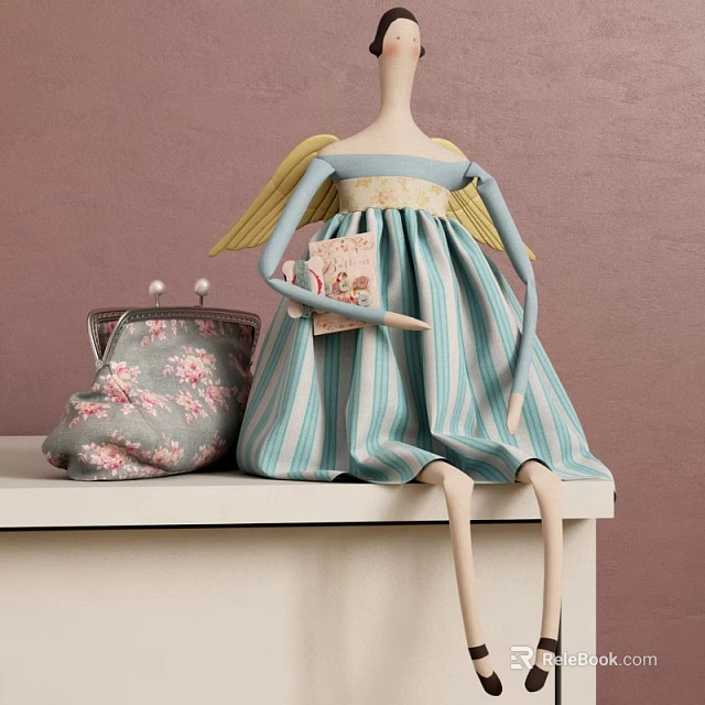 Angel Doll With Yellow Wings Blue And White Striped Dress Holding Card And Floral Purse 3d model 