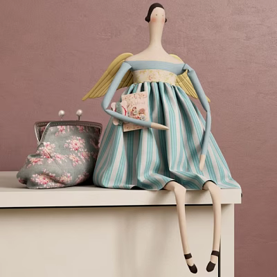 Angel Doll With Yellow Wings Blue And White Striped Dress Holding Card And Floral Purse 3d model