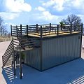 Shipping Container Building as Milk Tea Shop with Second Floor Balcony Railing Tables Chairs Plants