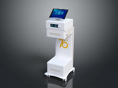 White Mobile Equipment Cart With Digital Screen And Yellow 75 Logo 3d model