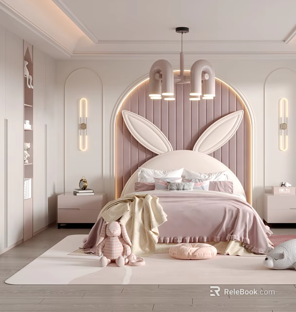 Cozy Kids Room With Bunny Ear Headboard Pink Bedding Chandelier And Stuffed Toys 3d model 