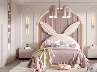 Cozy Kids Room With Bunny Ear Headboard Pink Bedding Chandelier And Stuffed Toys 3d model