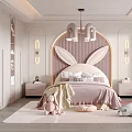 Cozy Kids Room With Bunny Ear Headboard Pink Bedding Chandelier And Stuffed Toys