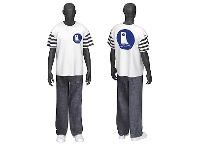 White T shirt with black and white striped sleeves front and back graphic prints design 3d model