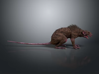 Brown Rat With Scruffy Fur Long Thin Tail Open Mouth On Gray Background With Reflection 3d model
