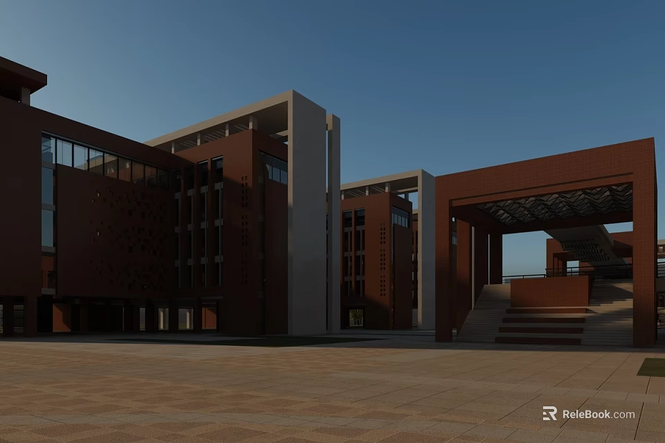Modern School Building Brown Brick Exterior With Columns and Steps Facing Open Plaza Area 3d model 