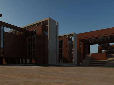 Modern School Building Brown Brick Exterior With Columns and Steps Facing Open Plaza Area 3d model