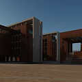 Modern School Building Brown Brick Exterior With Columns and Steps Facing Open Plaza Area