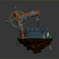 Fantasy Well Scene With Mechanical Wheel Stone Base And Grass Decorations