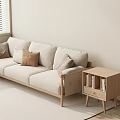 Light Beige Three-Seater Sofa with Throw Pillows and Wooden Side Table in Minimalist Living Room