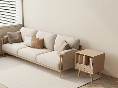 Light Beige Three-Seater Sofa with Throw Pillows and Wooden Side Table in Minimalist Living Room 3d model