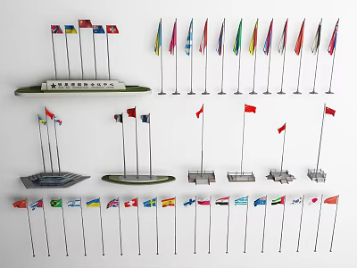 National Flags Miniature Display Models Featuring Various Country Designs And Stand Bases 3d model