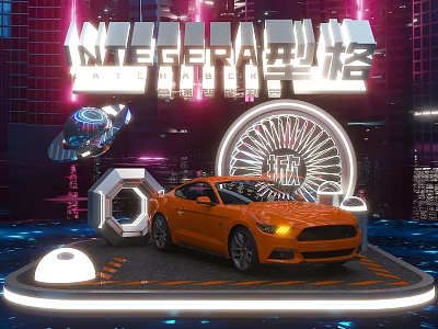 Futuristic Photo Check in Spot Featuring Orange Sports Car Neon Lights And Illuminated Installations 3d model