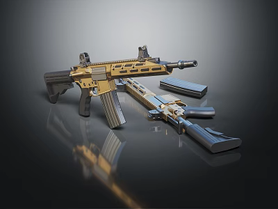 Modern Tactical Rifles In Golden And Silver Finish With Detachable Magazines 3d model