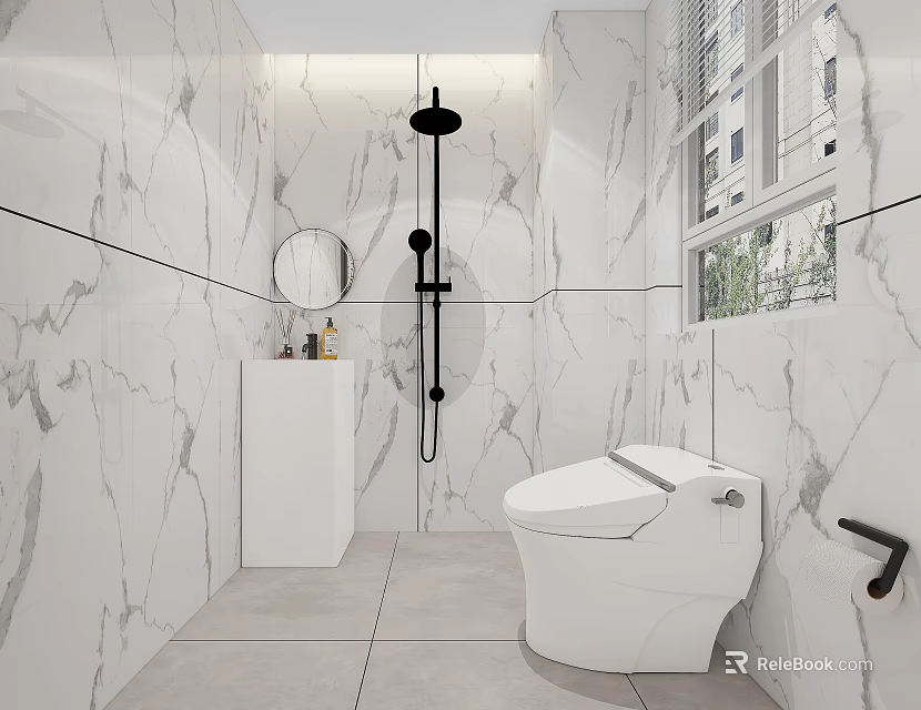 Modern Bathroom Interior Design With Marble Tiles Shower Toilet Vanity Mirror And Window 3d model 