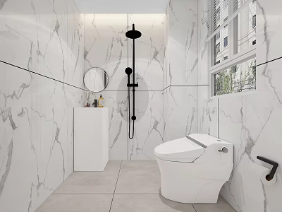 Modern Bathroom Interior Design With Marble Tiles Shower Toilet Vanity Mirror And Window 3d model