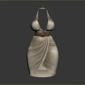 Beige Halter Neck Deep V Neck Dress With Brown Belt And Drape Design