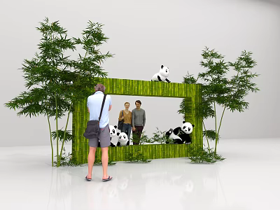 Scenic Photo Spot With Green Frame Bamboo Trees And Pandas For Taking 3d model