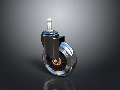 Caster Wheel Featuring Black Bracket Silver Rim and Orange Center on Reflective Base 3d model