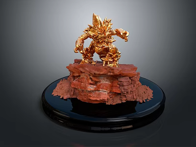 Golden Animal Statue Standing On Red Rock Base With Black Circular Plinth 3d model