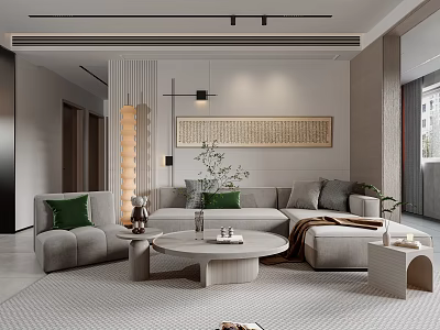 Modern Living Dining Room Interior With Sofa Green Cushions Round Coffee Table And Decorative Painting 3d model