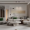 Modern Living Dining Room Interior With Sofa Green Cushions Round Coffee Table And Decorative Painting