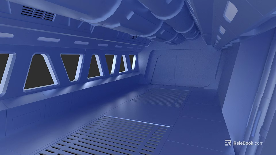 Warship Interior Blue Cabin With Multiple Windows And Metal Floor 3d model 