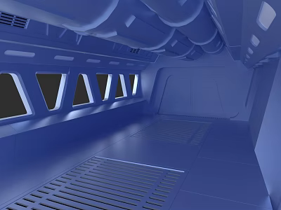 Warship Interior Blue Cabin With Multiple Windows And Metal Floor 3d model