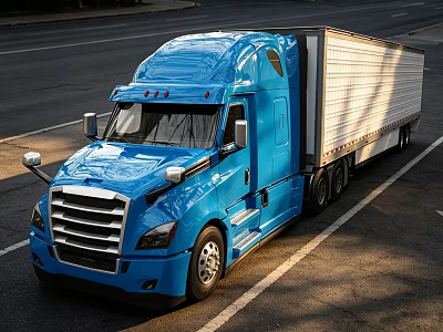 Blue Modern Semi Truck Front View With White Trailer Parked On Roadside 3d model