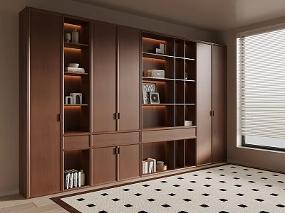 Modern Brown Storage Cabinet With Multiple Shelves Books Decor Window And Black White Floor 3d model